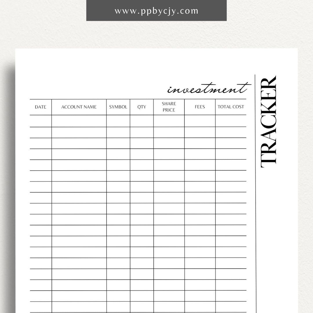 Investment Tracker Printable Template – Digital download for recording and monitoring investment performance, transactions, and portfolio details.