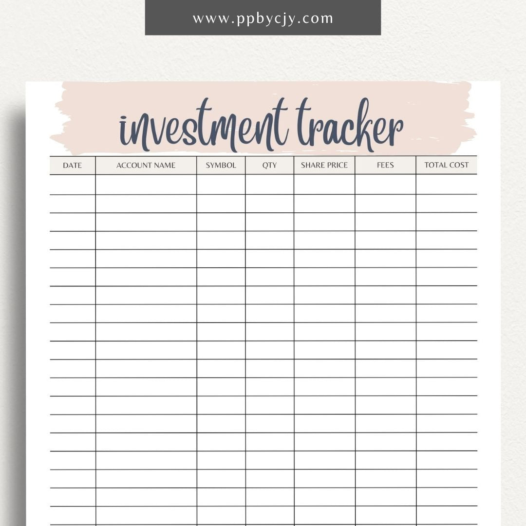 Investment Tracker Printable Template – Digital download for recording and monitoring investment performance, transactions, and portfolio details.