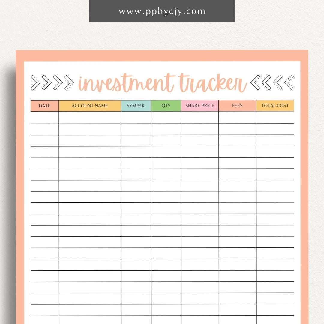 Investment Tracker Printable Template – Digital download for recording and monitoring investment performance, transactions, and portfolio details.