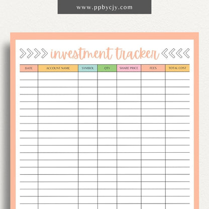 Investment Tracker Printable Template – Digital download for recording and monitoring investment performance, transactions, and portfolio details.