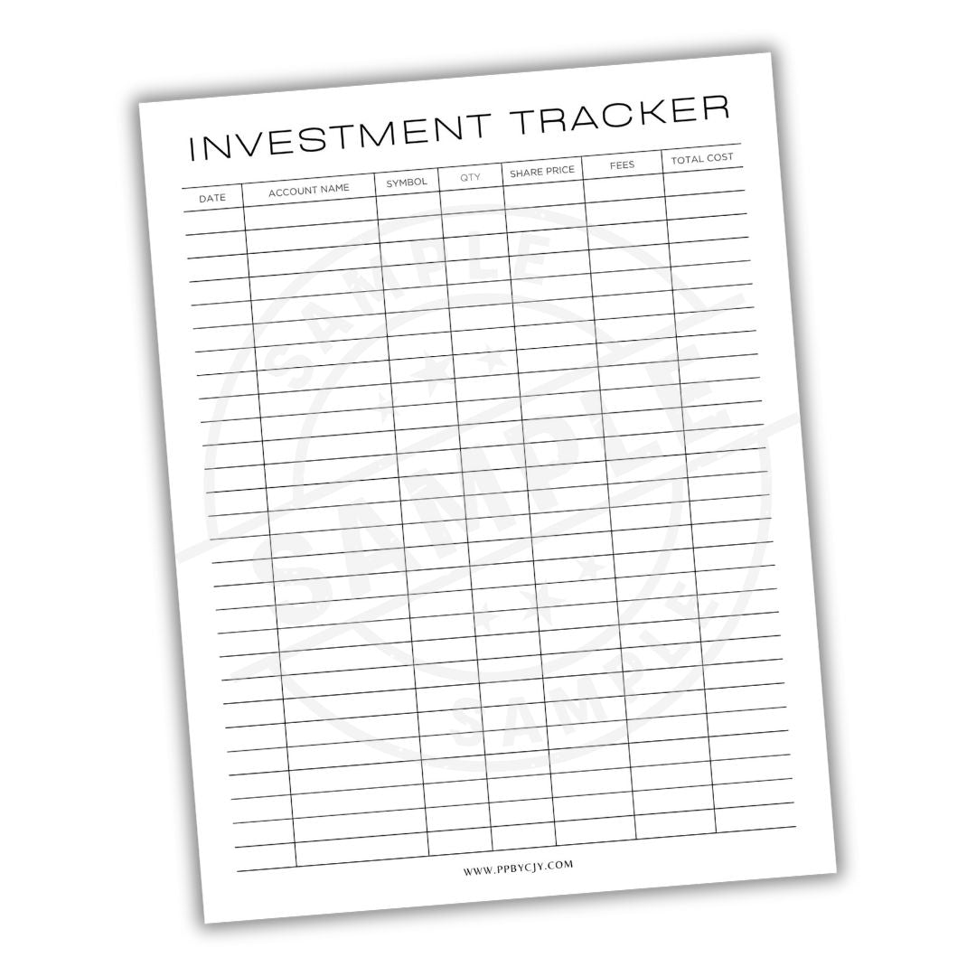 Blank investment tracker sheet with columns for date, account name, symbol, etc.