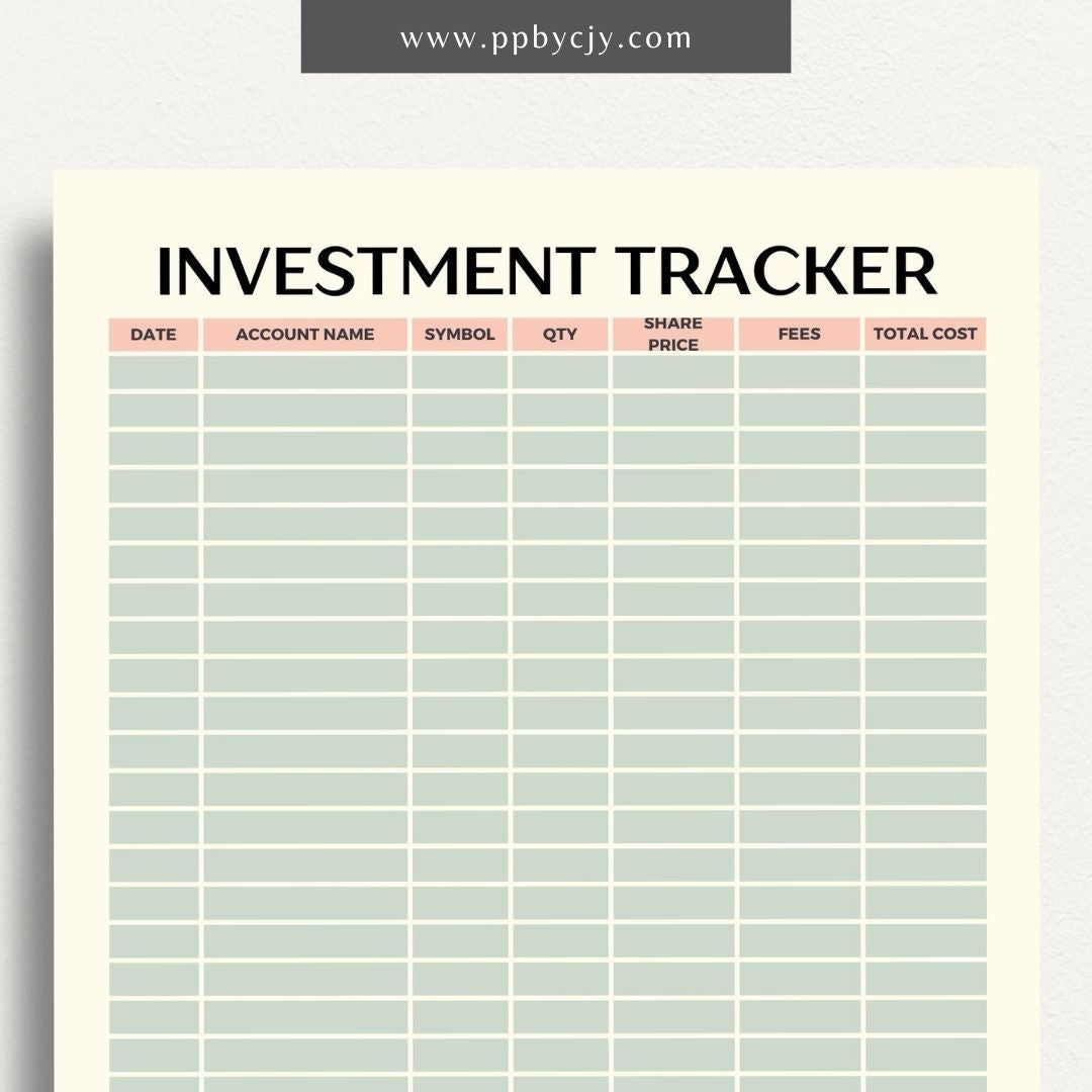 Investment Tracker Printable Template – Digital download for recording and monitoring investment performance, transactions, and portfolio details.