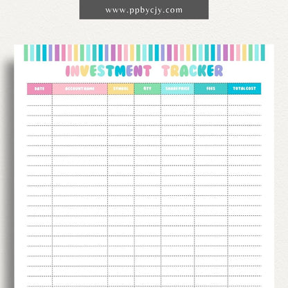 Investment Tracker Printable Template – Digital download for recording and monitoring investment performance, transactions, and portfolio details.