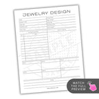 Jewelry design worksheet with various fields for details on a white background.