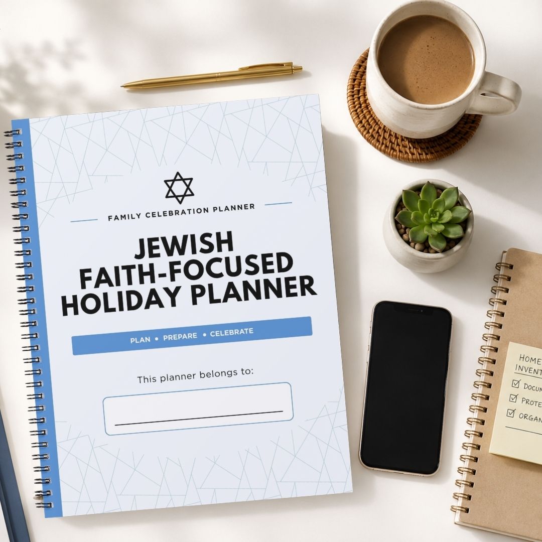 A spiral-bound 'Family Celebration Planner' titled 'Jewish Faith-Focused Holiday Planner' is displayed in a styled flat-lay arrangement on a white surface alongside a coffee cup, a pen, a small succulent, a smartphone, and another notebook.