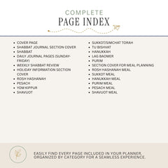 A beige promotional graphic for a complete page index planner insert, featuring a bulleted list of included page titles and categories on a light cream background with a decorative header and footer.