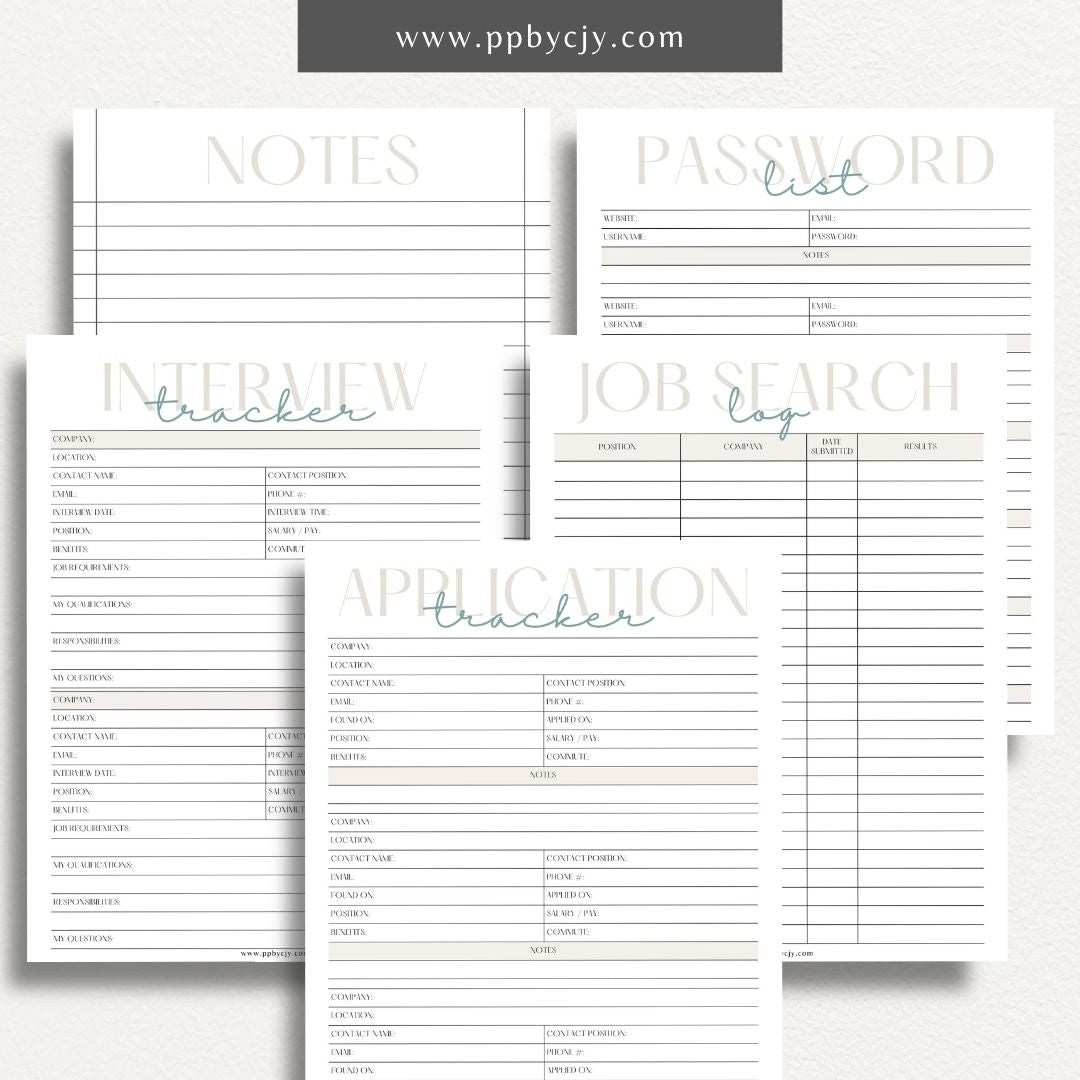 Job Search Bundle Printable Template – Digital download featuring a collection of tools for managing and organizing your job search process, including trackers, logs, and planners.