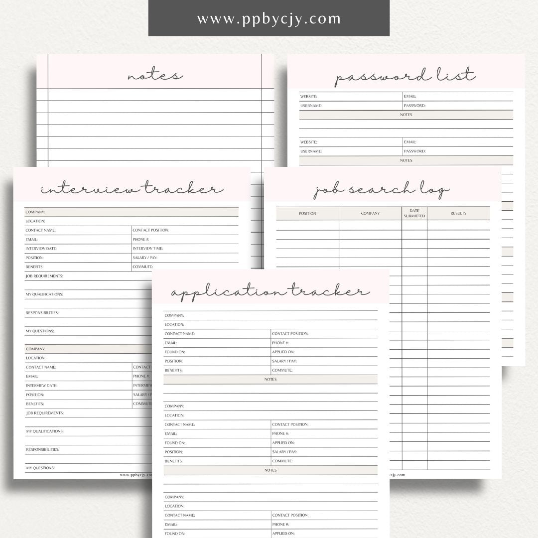 Job Search Bundle Printable Template – Digital download featuring a collection of tools for managing and organizing your job search process, including trackers, logs, and planners.