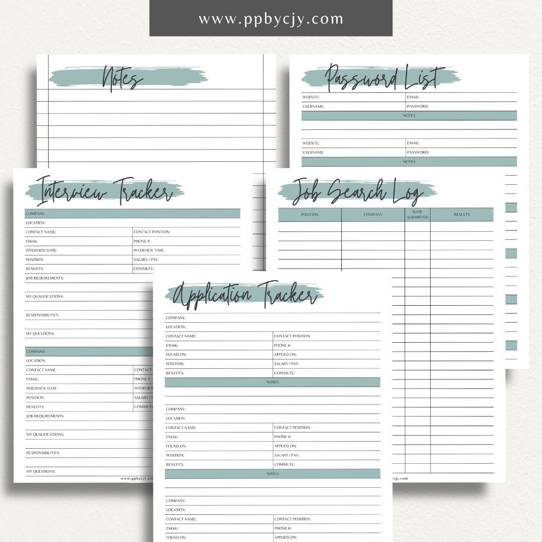 Job Search Bundle Printable Template – Digital download featuring a collection of tools for managing and organizing your job search process, including trackers, logs, and planners.