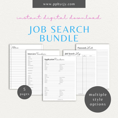 Job Search Bundle Printable Template – Digital download featuring a collection of tools for managing and organizing your job search process, including trackers, logs, and planners.