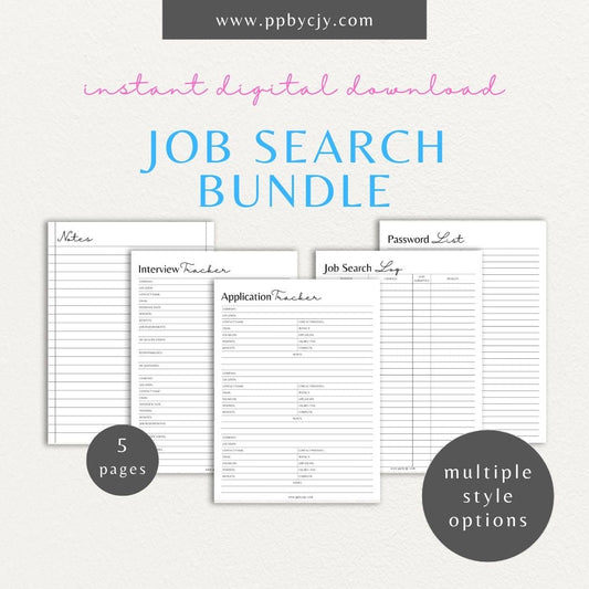 Job Search Bundle Printable Template – Digital download featuring a collection of tools for managing and organizing your job search process, including trackers, logs, and planners.