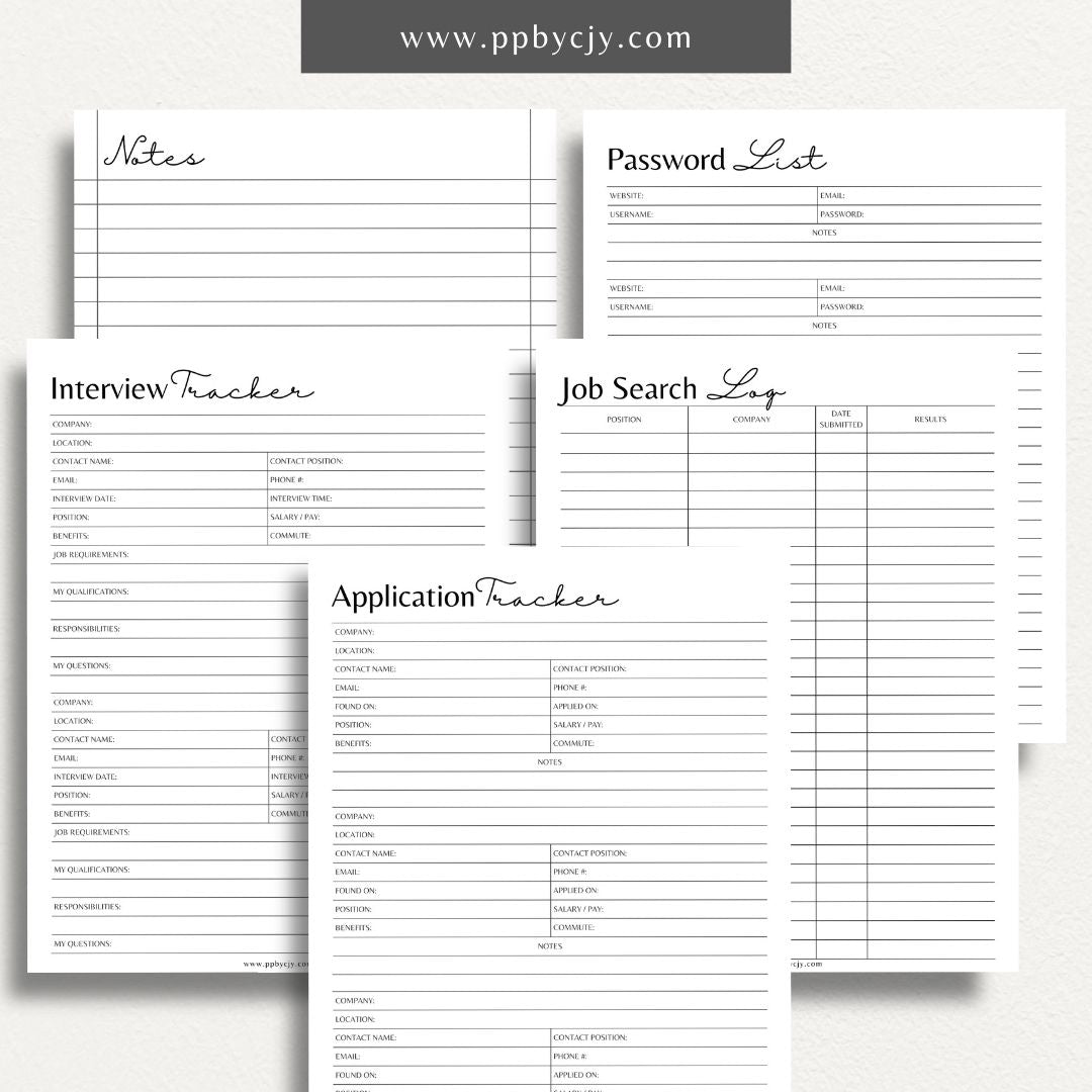 Job Search Bundle Printable Template – Digital download featuring a collection of tools for managing and organizing your job search process, including trackers, logs, and planners.