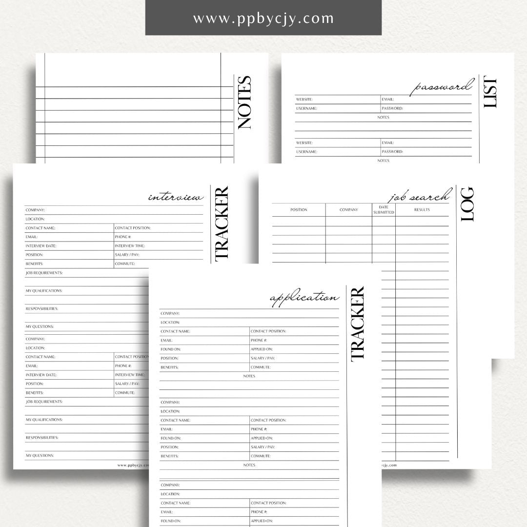 Job Search Bundle Printable Template – Digital download featuring a collection of tools for managing and organizing your job search process, including trackers, logs, and planners.