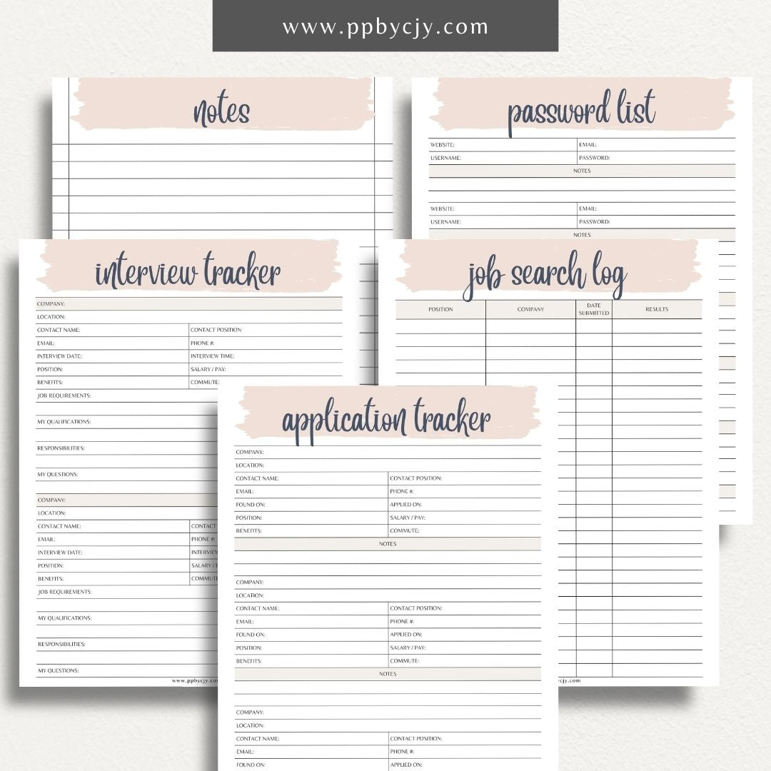 Job Search Bundle Printable Template – Digital download featuring a collection of tools for managing and organizing your job search process, including trackers, logs, and planners.