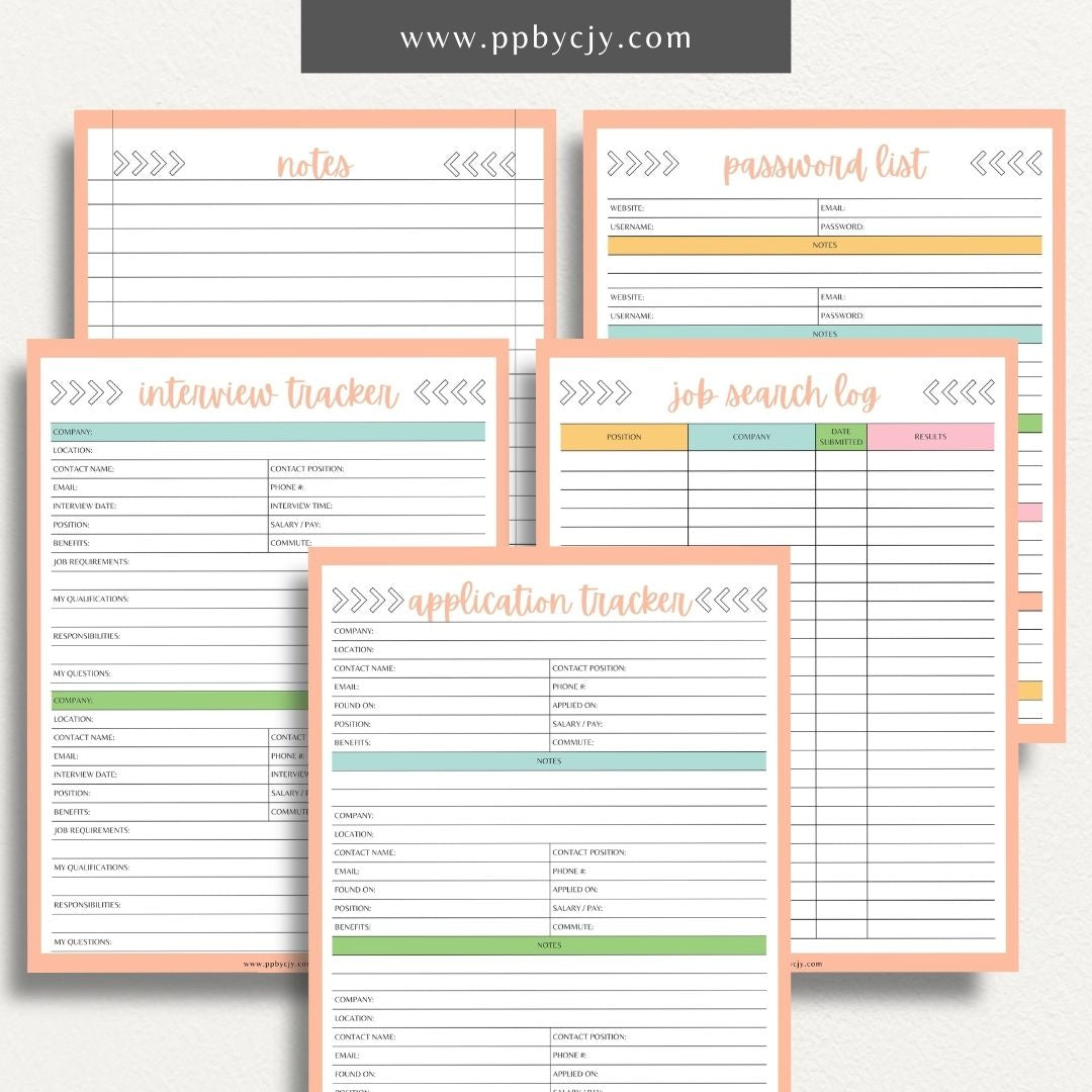 Job Search Bundle Printable Template – Digital download featuring a collection of tools for managing and organizing your job search process, including trackers, logs, and planners.