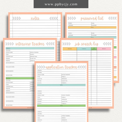 Job Search Bundle Printable Template – Digital download featuring a collection of tools for managing and organizing your job search process, including trackers, logs, and planners.