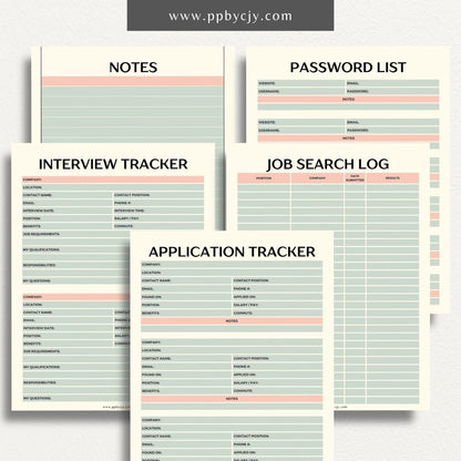 Job Search Bundle Printable Template – Digital download featuring a collection of tools for managing and organizing your job search process, including trackers, logs, and planners.