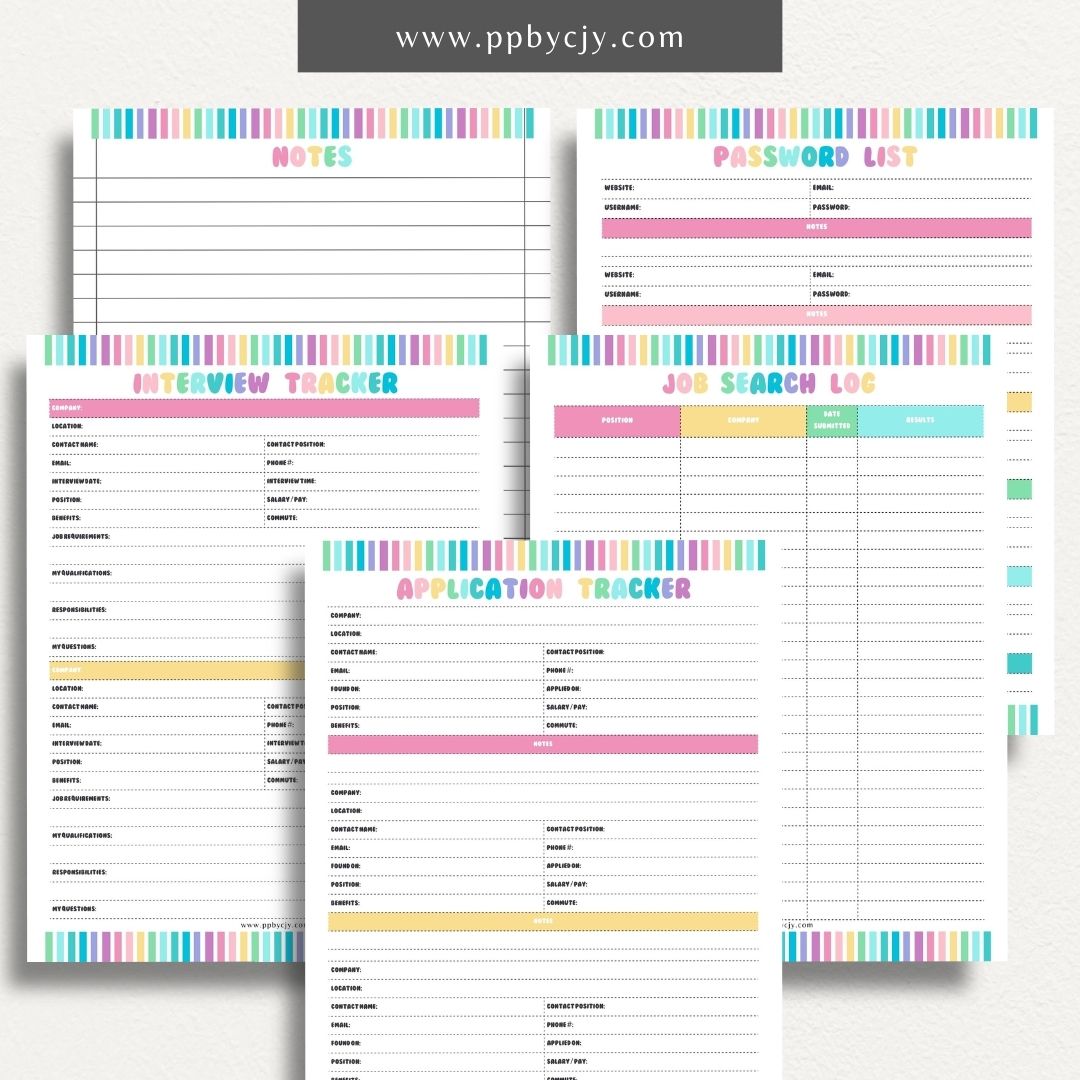 Job Search Bundle Printable Template – Digital download featuring a collection of tools for managing and organizing your job search process, including trackers, logs, and planners.