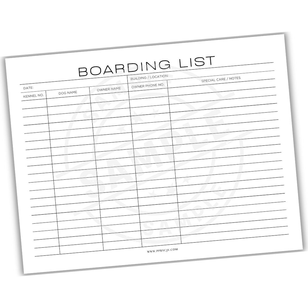 Boarding list sheet with columns for date, kennel number, dog name, owner name, phone number, and special care notes.