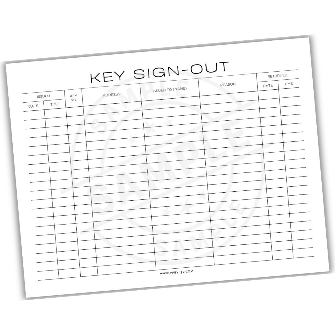 Key sign-out sheet with columns for date, key number, issuer, recipient, reason, and returned date.