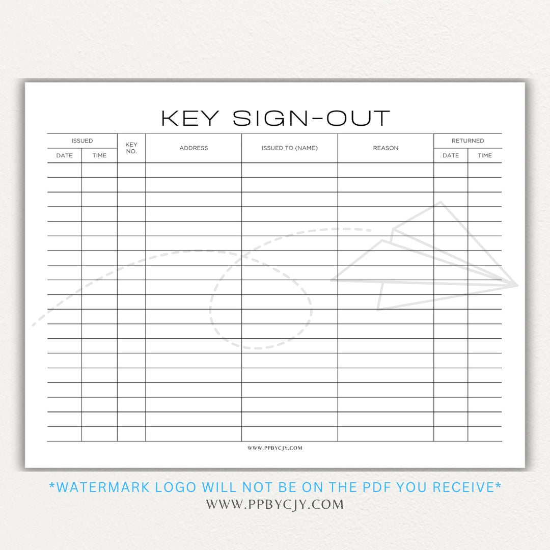 Key sign-out printable PDF template with sections for keyholder names, key numbers, check-in/out times, and signatures.

