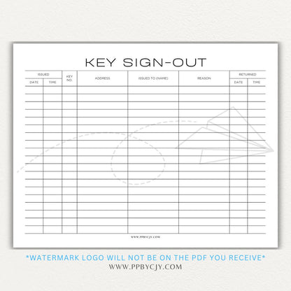 Key sign-out printable PDF template with sections for keyholder names, key numbers, check-in/out times, and signatures.

