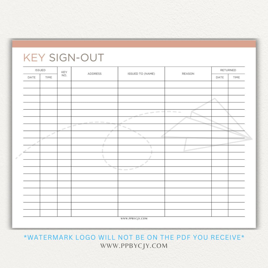 Key sign-out printable PDF template with sections for keyholder names, key numbers, check-in/out times, and signatures.

