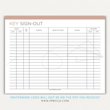 Key sign-out printable PDF template with sections for keyholder names, key numbers, check-in/out times, and signatures.

