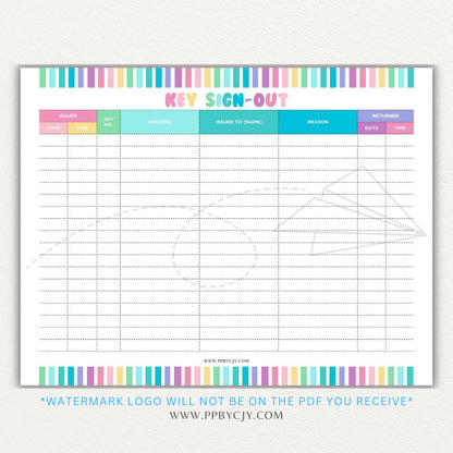 Key sign-out printable PDF template with sections for keyholder names, key numbers, check-in/out times, and signatures.

