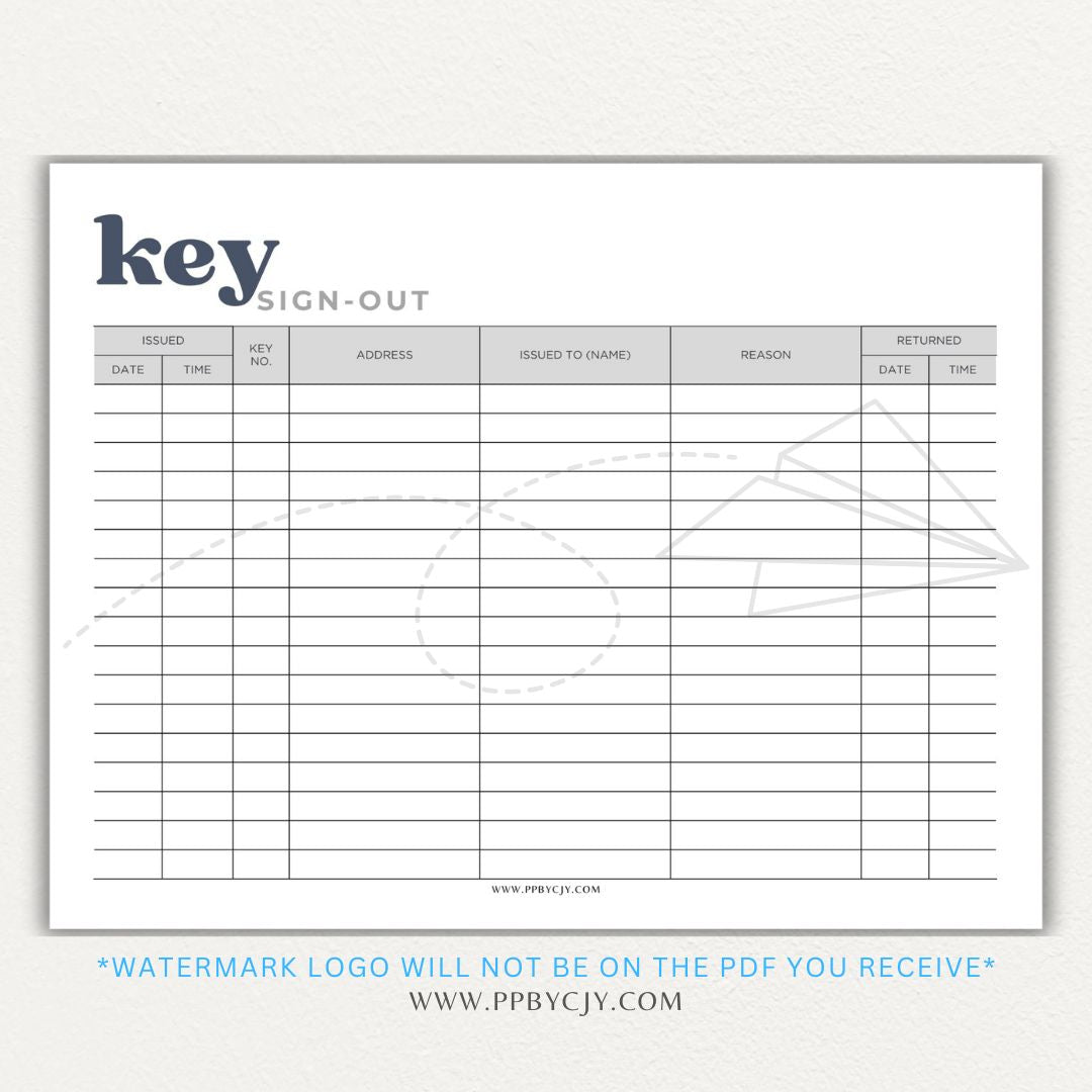 Key sign-out printable PDF template with sections for keyholder names, key numbers, check-in/out times, and signatures.

