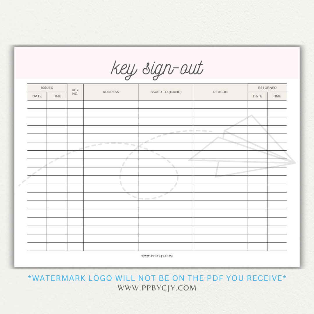 Key sign-out printable PDF template with sections for keyholder names, key numbers, check-in/out times, and signatures.

