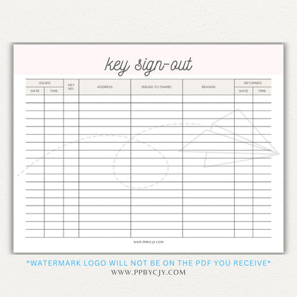 Key sign-out printable PDF template with sections for keyholder names, key numbers, check-in/out times, and signatures.

