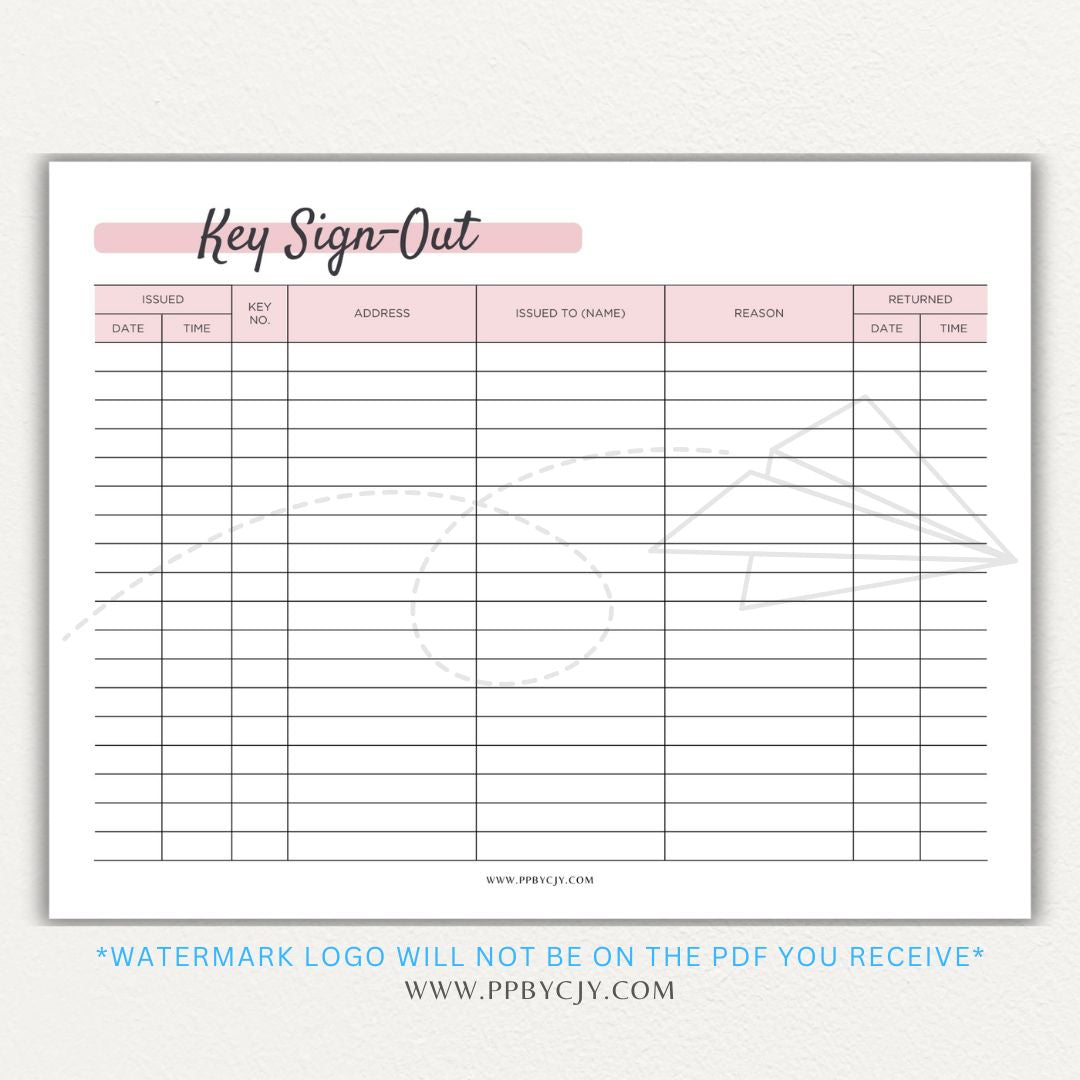 Key sign-out printable PDF template with sections for keyholder names, key numbers, check-in/out times, and signatures.

