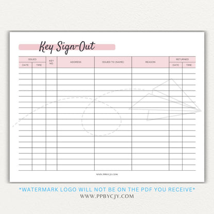 Key sign-out printable PDF template with sections for keyholder names, key numbers, check-in/out times, and signatures.

