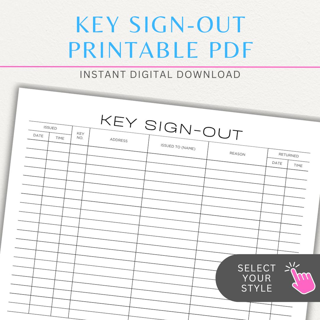 Key sign-out printable PDF template with sections for keyholder names, key numbers, check-in/out times, and signatures.

