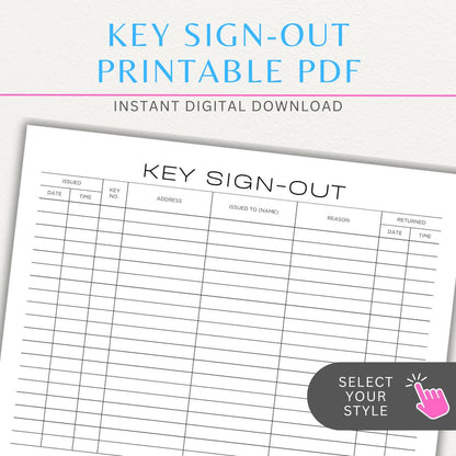 Key sign-out printable PDF template with sections for keyholder names, key numbers, check-in/out times, and signatures.

