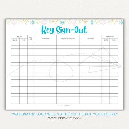 Key sign-out printable PDF template with sections for keyholder names, key numbers, check-in/out times, and signatures.

