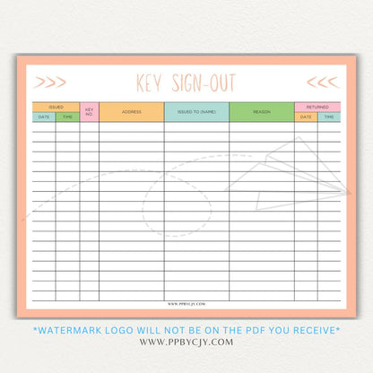 Key sign-out printable PDF template with sections for keyholder names, key numbers, check-in/out times, and signatures.

