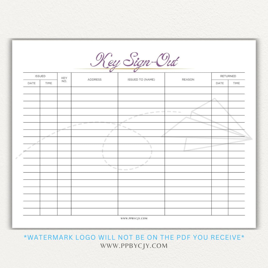 Key sign-out printable PDF template with sections for keyholder names, key numbers, check-in/out times, and signatures.

