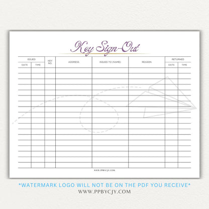 Key sign-out printable PDF template with sections for keyholder names, key numbers, check-in/out times, and signatures.

