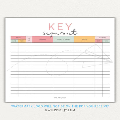 Key sign-out printable PDF template with sections for keyholder names, key numbers, check-in/out times, and signatures.

