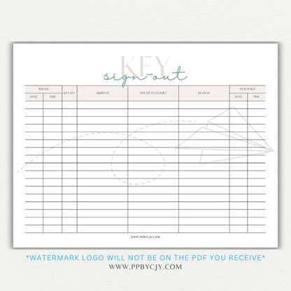 Key sign-out printable PDF template with sections for keyholder names, key numbers, check-in/out times, and signatures.

