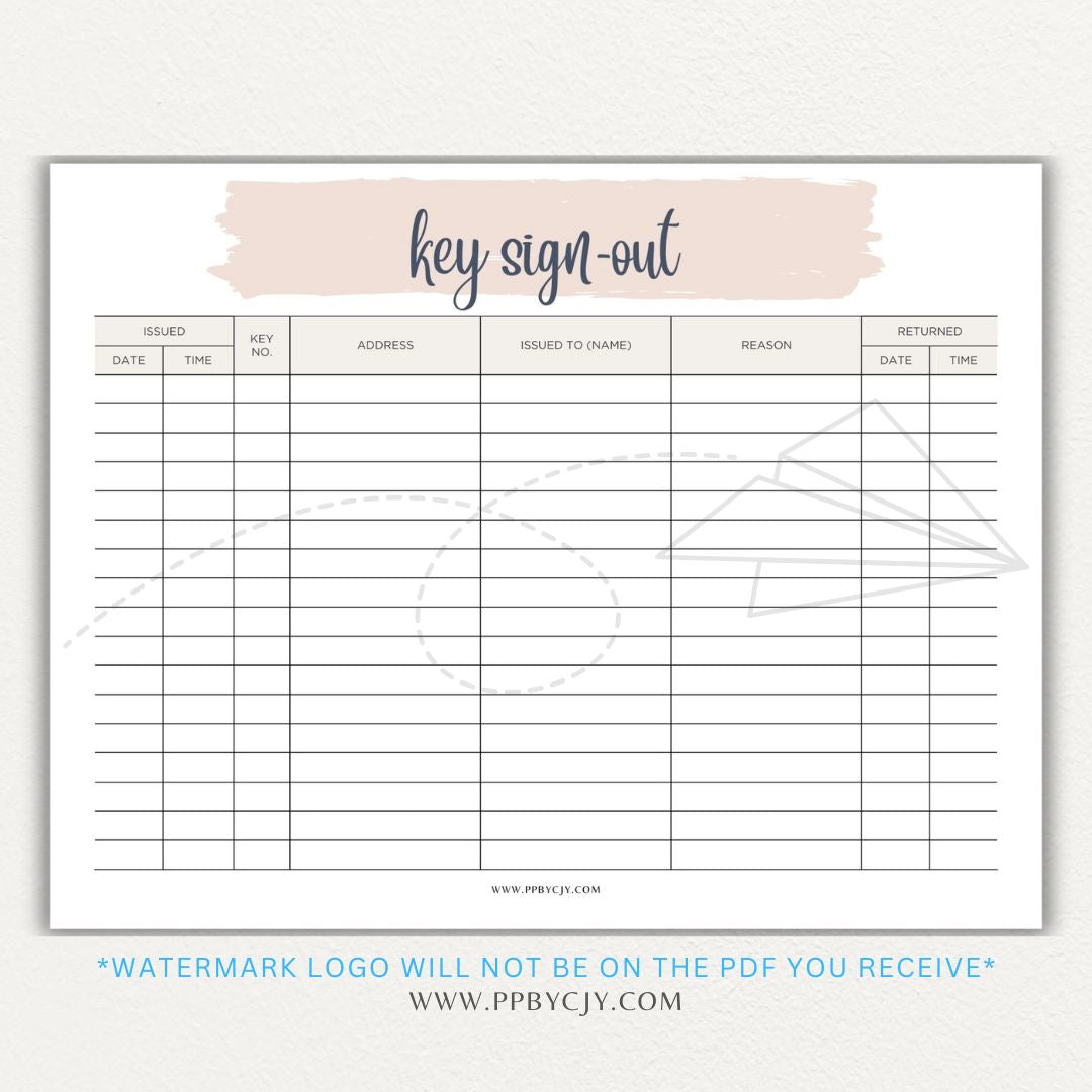 Key sign-out printable PDF template with sections for keyholder names, key numbers, check-in/out times, and signatures.

