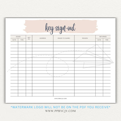 Key sign-out printable PDF template with sections for keyholder names, key numbers, check-in/out times, and signatures.

