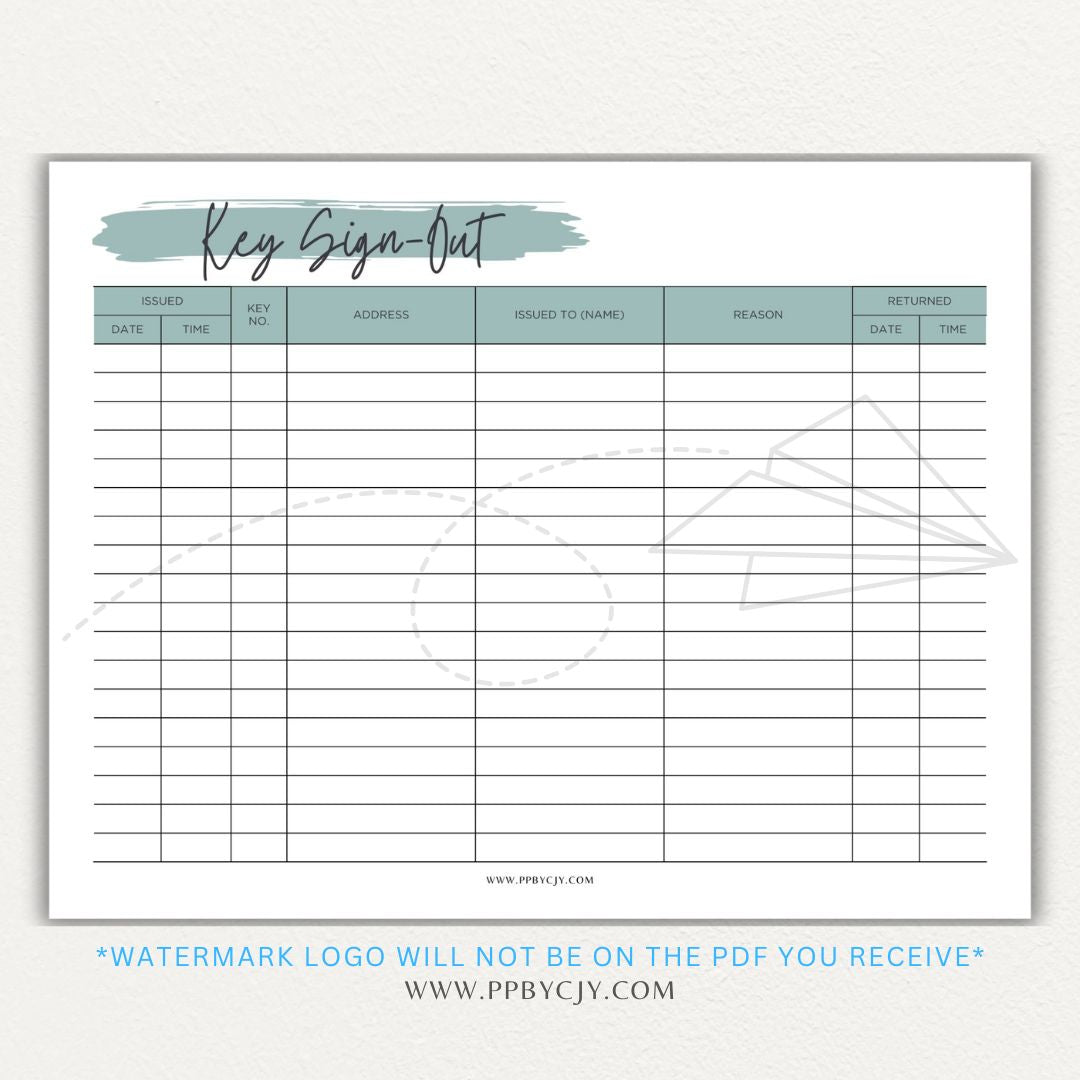 Key sign-out printable PDF template with sections for keyholder names, key numbers, check-in/out times, and signatures.

