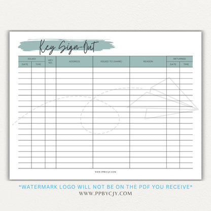 Key sign-out printable PDF template with sections for keyholder names, key numbers, check-in/out times, and signatures.

