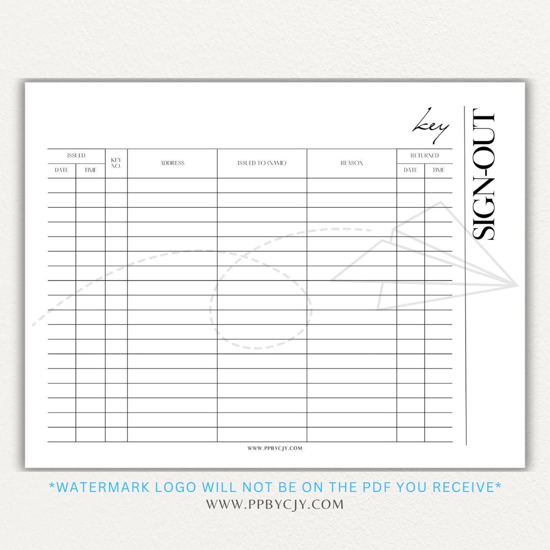 Key sign-out printable PDF template with sections for keyholder names, key numbers, check-in/out times, and signatures.

