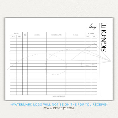 Key sign-out printable PDF template with sections for keyholder names, key numbers, check-in/out times, and signatures.

