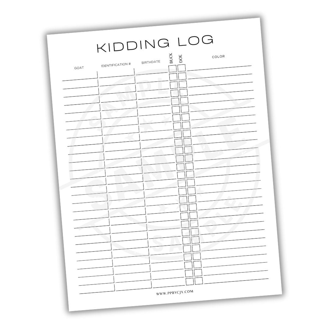 Kidding log sheet with columns for date, identification number, date of birth, sex, and color on a white background.