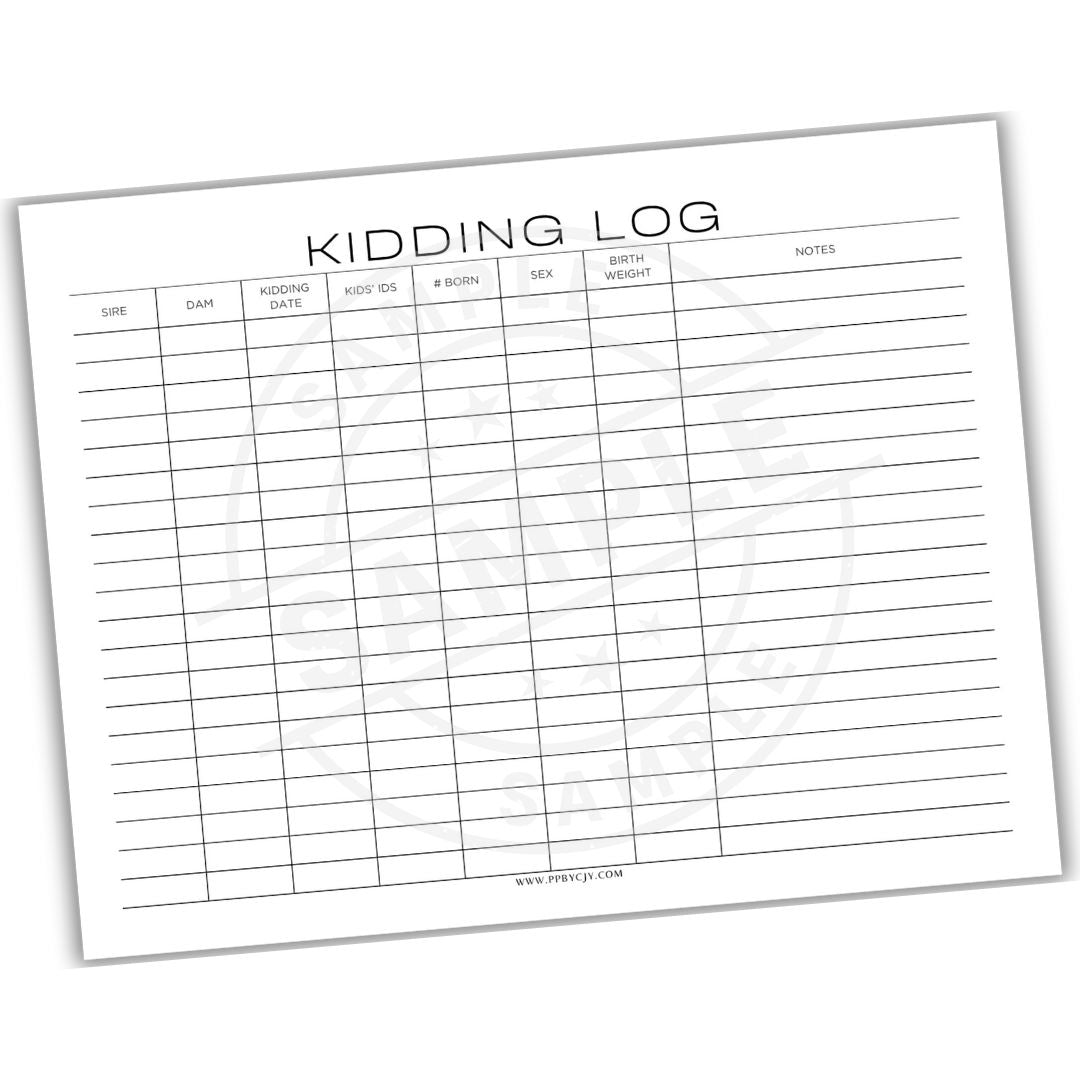 Kidding log sheet with columns for date, kidding date, # born, sex, birth weight, and notes.